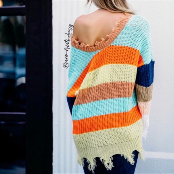 💚Last One❤️Multi-ColorDistressed V-Neck Sweater🧡 - Picture 2 of 4